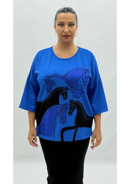 Büyük Beden Taşlı Kapri Kol Oversize Kadın Bluz