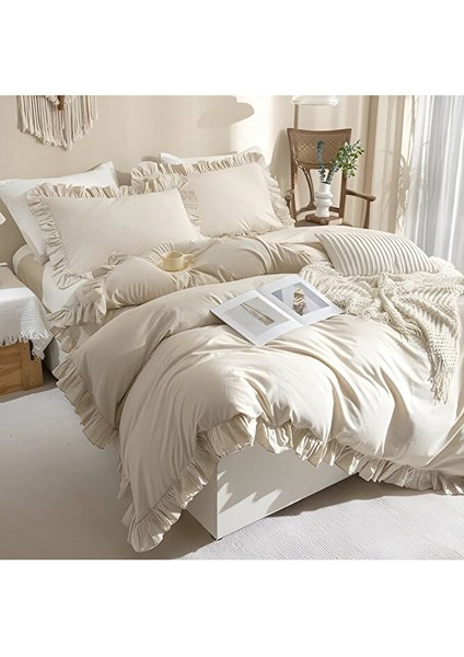 Krem Renk Fırfırlı Pamuk Saten Nevresim Takımı – Çift Kişilik – Cilt Dostu