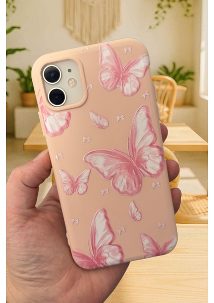 iPhone 11 Uyumlu Pembe Kelebek Desenli Silikon Darbe Emici Klasik Korumalı Rubber Kılıf 277