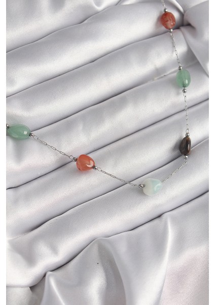 316L Çelik Gümüş Renk Zincir Renkli Doğaltaş Model Kadın Kolye - TJ-BKO9660