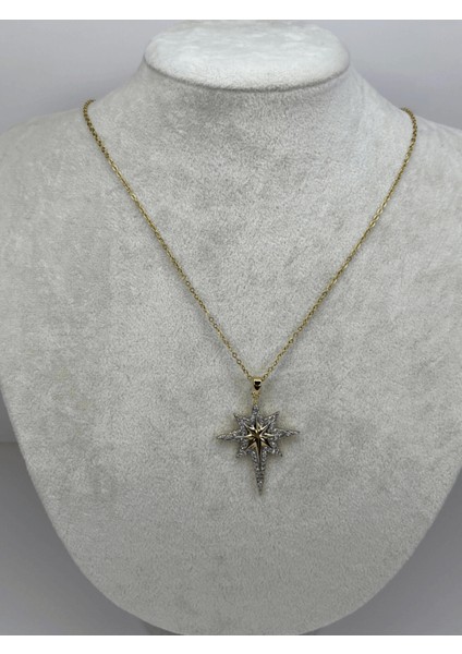 Gümüş Taşlarla Çevrili Altın Detaylı Gold Kutup Yıldızlı Kolye