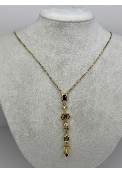 Yedi Elementli Renkli Taşlı Gold Y Kolye