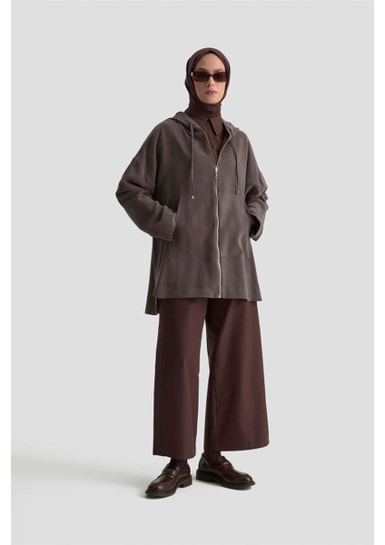 Fermuar Detaylı Kapüşonlu Kap 25KD1125 Kahverengi