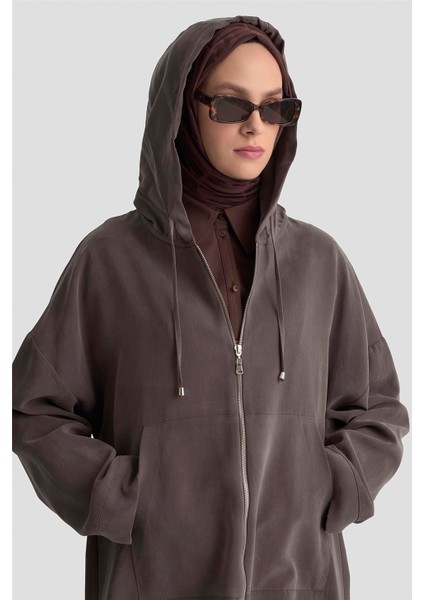 Fermuar Detaylı Kapüşonlu Kap 25KD1125 Kahverengi fırsatları