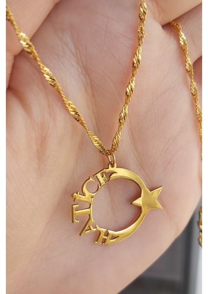 925 Ayar Gümüş 24 Ayar Altın Kaplama Isimli Ayyıldız Kolye