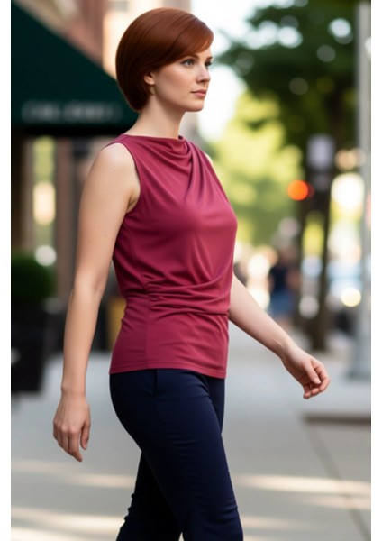 Kadın Degaje Yaka Dökümlü Detaylı Kolsuz Örme Bluz Kaliteli Şık Rahat Modern Zarif