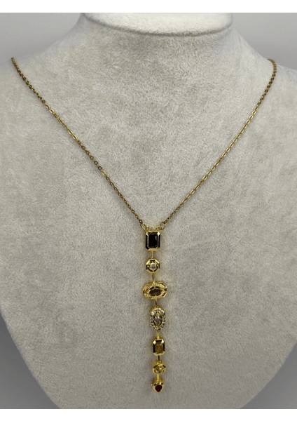 Yedi Elementli Renkli Taşlı Gold Y Kolye fiyatları