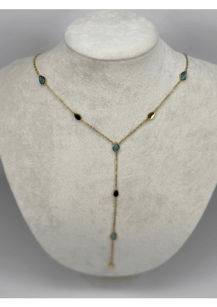 Mavi Damlalı ve Altın Detaylı Gold Y Kolye