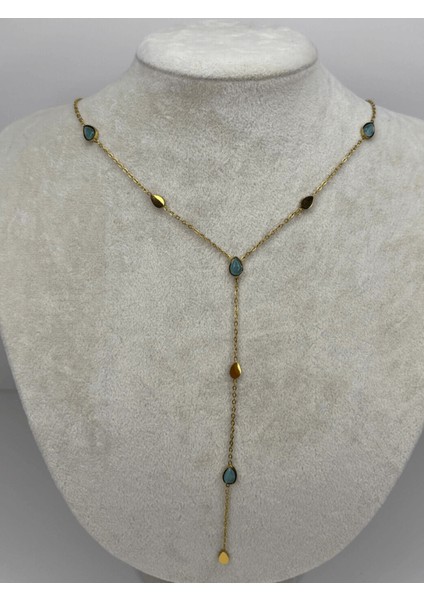 Mavi Damlalı ve Altın Detaylı Gold Y Kolye fiyatları