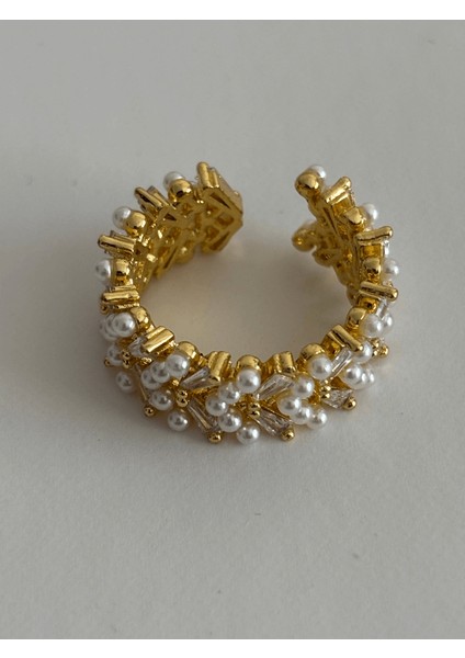 Küçük Inci Sıralı Altın Detaylı Gold Yüzük