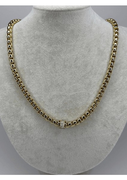 Silindir Şekilli Taşlı ve Kalın Zincirli Gold Kolye