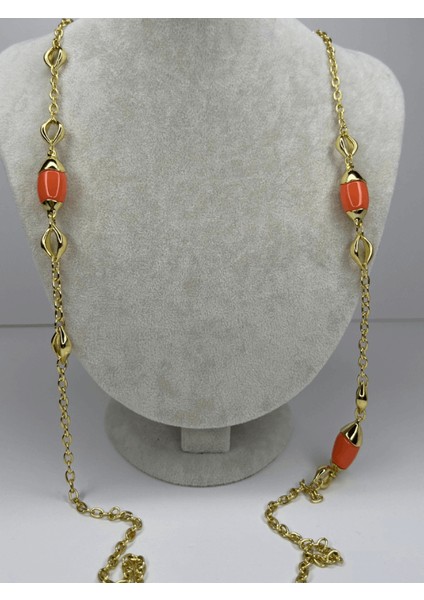 Turuncu Tonlarında Parlak Uzun Zincirli Gold Kolye