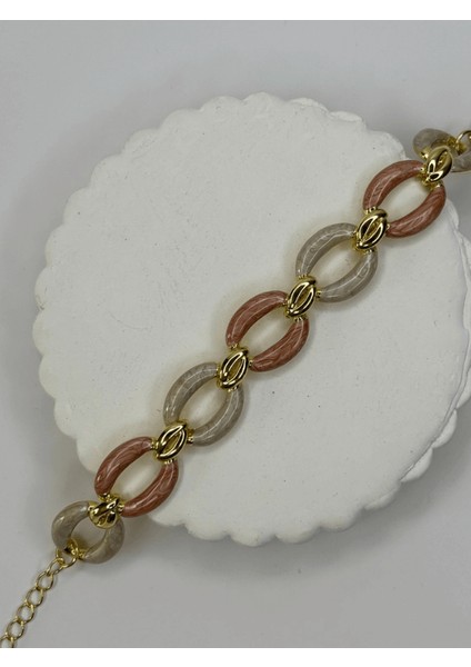 Pembe Beyaz Sedef Yansımalı Altın Detaylı Halka Şekilli Gold Ithal Bileklik