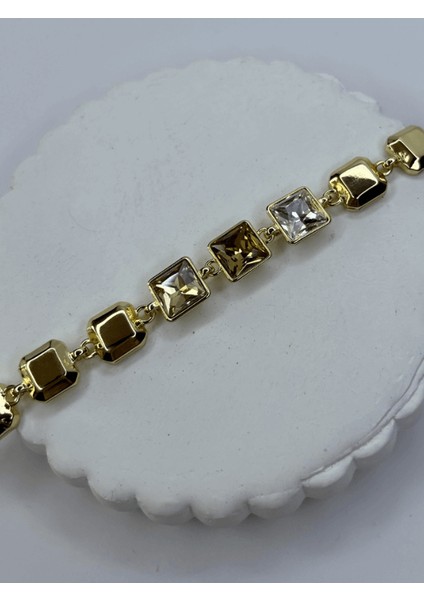 Toprak Tonlarında Parlak Renkli Kare Taşlı Gold Ithal Bileklik fiyatları