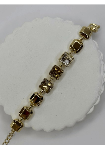 Toprak Tonlarında Parlak Renkli Kare Taşlı Gold Ithal Bileklik modelleri