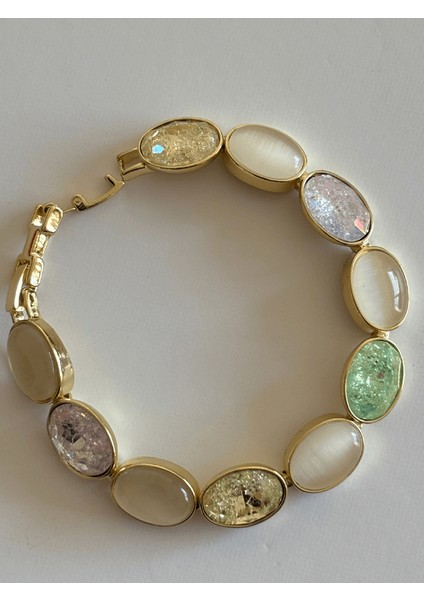 Rengarenk Sedef Yansımalı Oval Şekilli Gold Ithal Bileklik