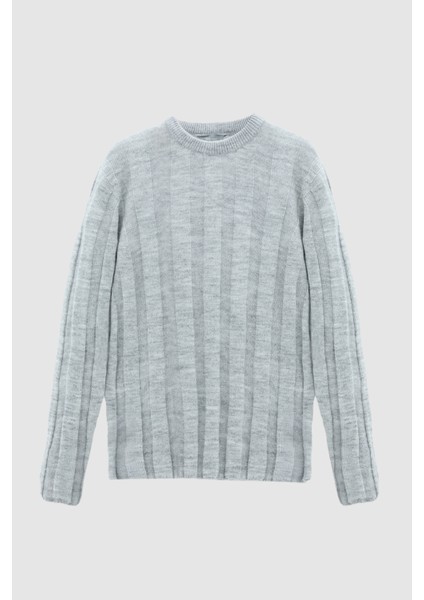 Slim Fit Gri Rib Örgü Kazak