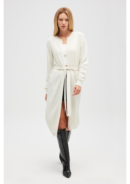 Zeyna Mini Kabartma Örgülü Uzun Triko Hırka - Ekru