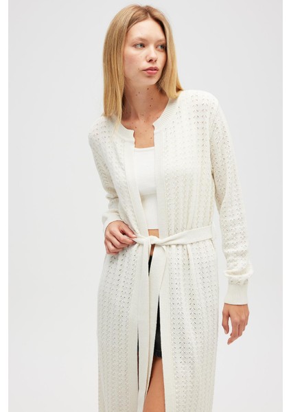 Zeyna Mini Kabartma Örgülü Uzun Triko Hırka - Ekru fiyatları