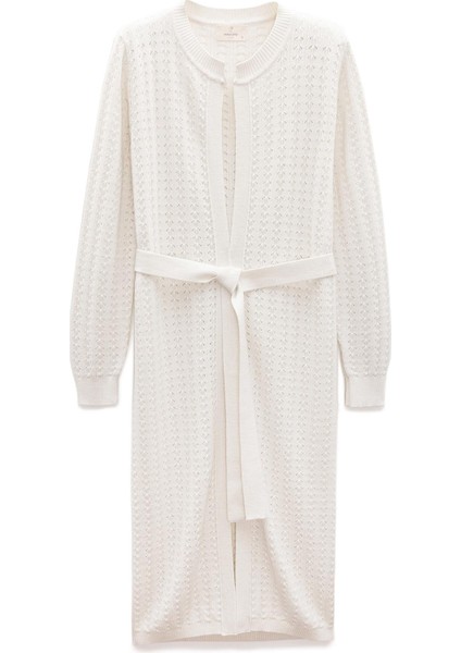 Zeyna Mini Kabartma Örgülü Uzun Triko Hırka - Ekru