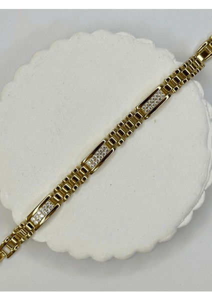 14 K Renginde Minik Taşlarla Kaplı 3 Dikdörtgen Şekilli Gold Bileklik