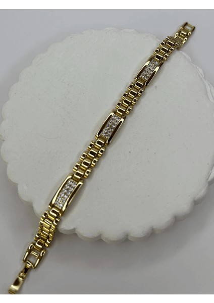 14 K Renginde Minik Taşlarla Kaplı 3 Dikdörtgen Şekilli Gold Bileklik fiyatları