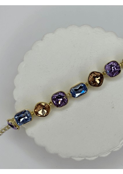 Rengarenk Parlak Taşlı Geometrik Şekilli Gold Ithal Bileklik