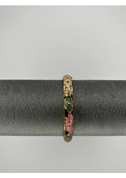 Pembe Yeşil ve Beyaz Renkli Çiçekli Gold Mineli Bilezik