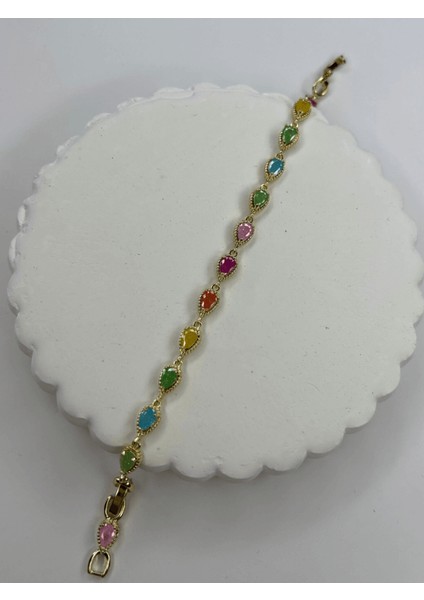 Renkli Sıra Taşlı Gold Bileklik
