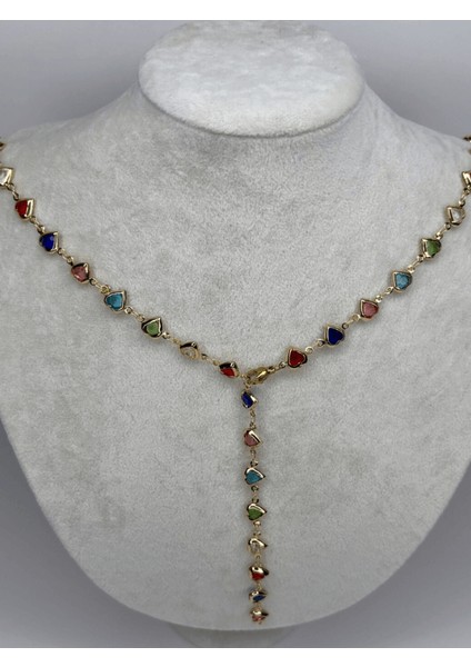 Renkli Küçük Kalpli Gold Y Kolye