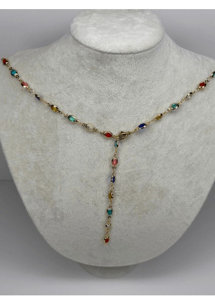 Renkli Küçük Damla Taşlı Gold Y Kolye