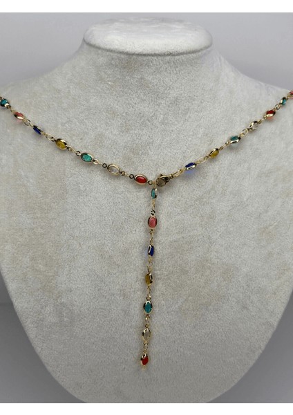 Renkli Küçük Damla Taşlı Gold Y Kolye fiyatları