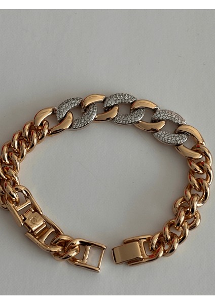 Gümüş ve Altın Örme Taşlı Rose Bileklik