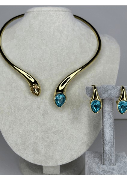 Kahverengi ve Mavi Renklerinde Parlak Taşlı Gold Set
