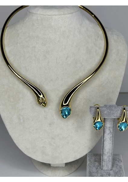 Kahverengi ve Mavi Renklerinde Parlak Taşlı Gold Set fiyatları