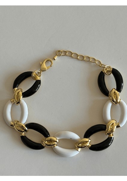 Siyah Beyaz Renkli Altın Detaylı Halka Şekilli Gold Ithal Bileklik