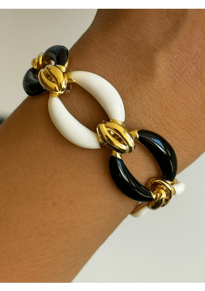 Siyah Beyaz Renkli Altın Detaylı Halka Şekilli Gold Ithal Bileklik modelleri