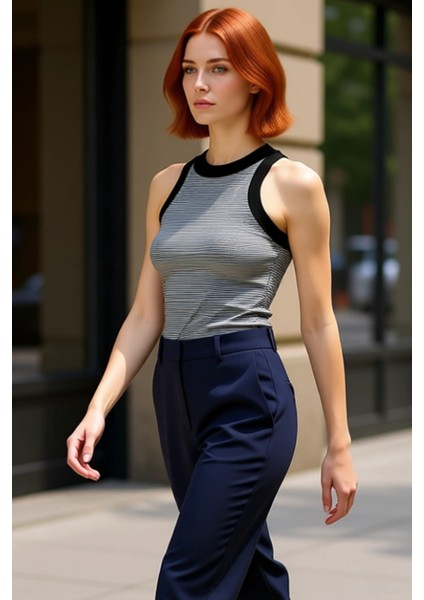 Kadın Bisiklet Yaka Çizgili Kolsuz Crop Triko Kaliteli Şık Rahat Modern Zarif Günlük