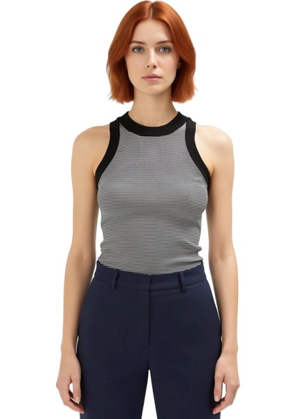 Kadın Bisiklet Yaka Çizgili Kolsuz Crop Triko Kaliteli Şık Rahat Modern Zarif Günlük modelleri