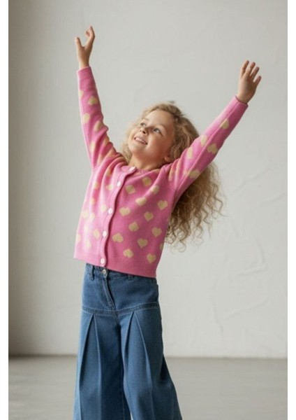 Kalp Triko Hırkalı Kız Çocuk Kotlu ikili takım - Pembe fiyatları