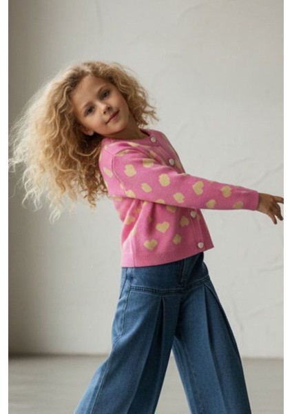 Kalp Triko Hırkalı Kız Çocuk Kotlu ikili takım - Pembe modelleri