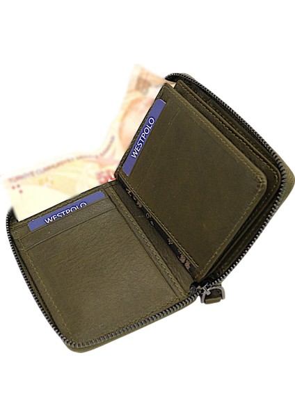 Hakiki Deri Kağıt Para ve Bol Kart Bölmeli Fermuarlı Unisex Cüzdan - Haki modelleri