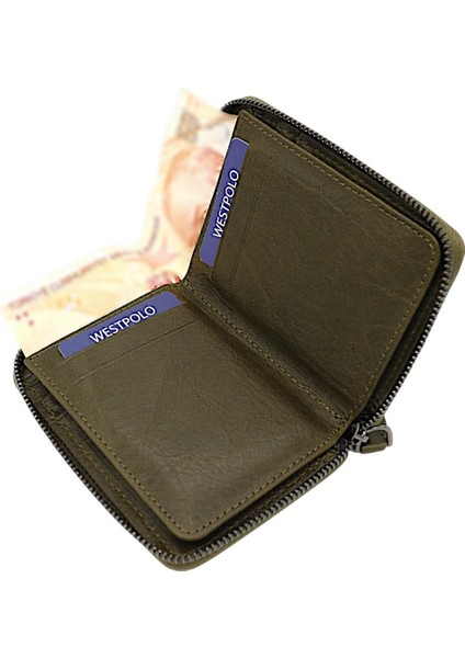 Hakiki Deri Kağıt Para ve Bol Kart Bölmeli Fermuarlı Unisex Cüzdan - Haki fırsatları