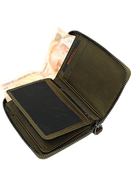 Hakiki Deri Kağıt Para ve Bol Kart Bölmeli Fermuarlı Unisex Cüzdan - Haki indirimleri