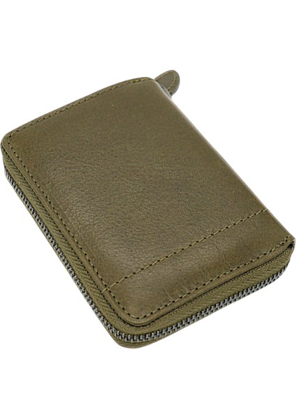 Hakiki Deri Kağıt Para ve Bol Kart Bölmeli Fermuarlı Unisex Cüzdan - Haki