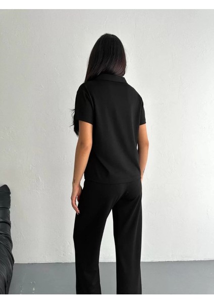 Osy Modal Yumuşak Dokulu Kumaş Kısa Kollu Yakalı T-Shirt Pantalon Ikili Takım- Siyah indirimleri