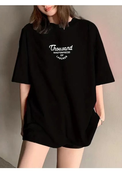 Thousand Ön Arka Baskılı Oversize Bisiklet Yaka T-Shirt - Siyah