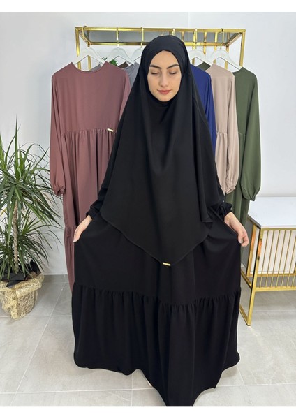 Ferace & Abaya Sufle Eşarp ve Iki Kat Büzgülü Elbise Takım.hijab .hac ve Umre Için Uygundur Siyah modelleri