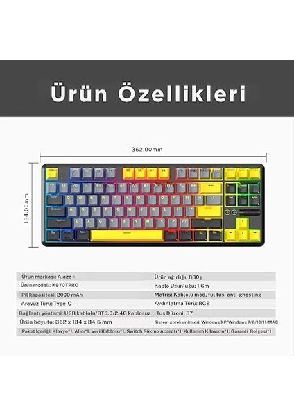 K870T Pro Kablosuz Hot Swap Mekanik Oyun Klavyesi-Rgb - 10 Adet Switch, Tuş ve Switch Sökme Aparatı Hediyeli (K870T Pro Siyah - Blue Switch) fiyatları