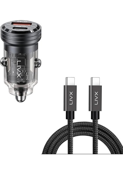 Transparent 45W Pd/qc Mini Araç Şarj Cihazı ve 1 Metre Hızlı Şarj ve Data Kablosu L35 - Tct-01